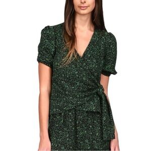MICHAEL KORS Chic Dark Green Floral Wrap Blouse